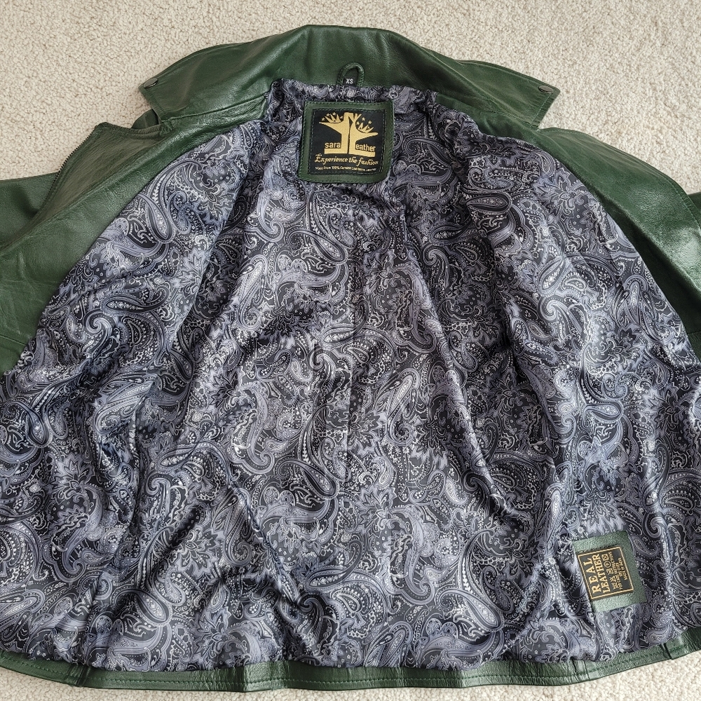Sara Leather “Experience the Fashion” 100% Genuine Lambskin Green Moto Jacket XS - Picture 7 of 15